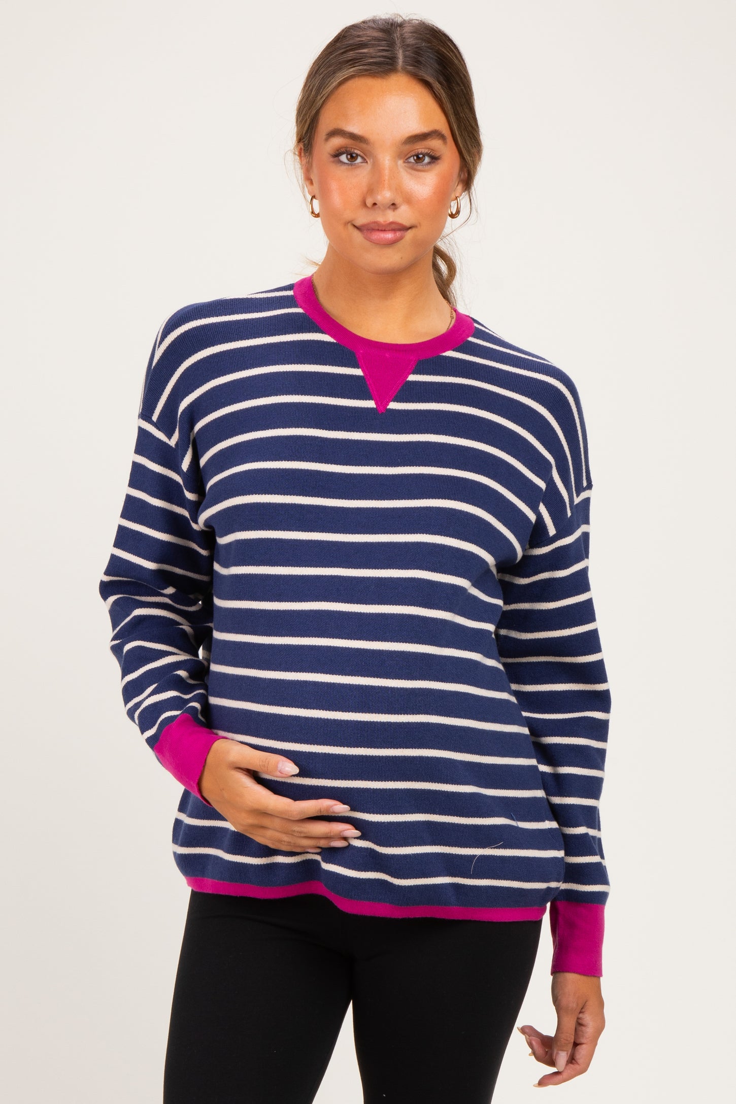Navy Striped Contrast Trim Maternity Sweater