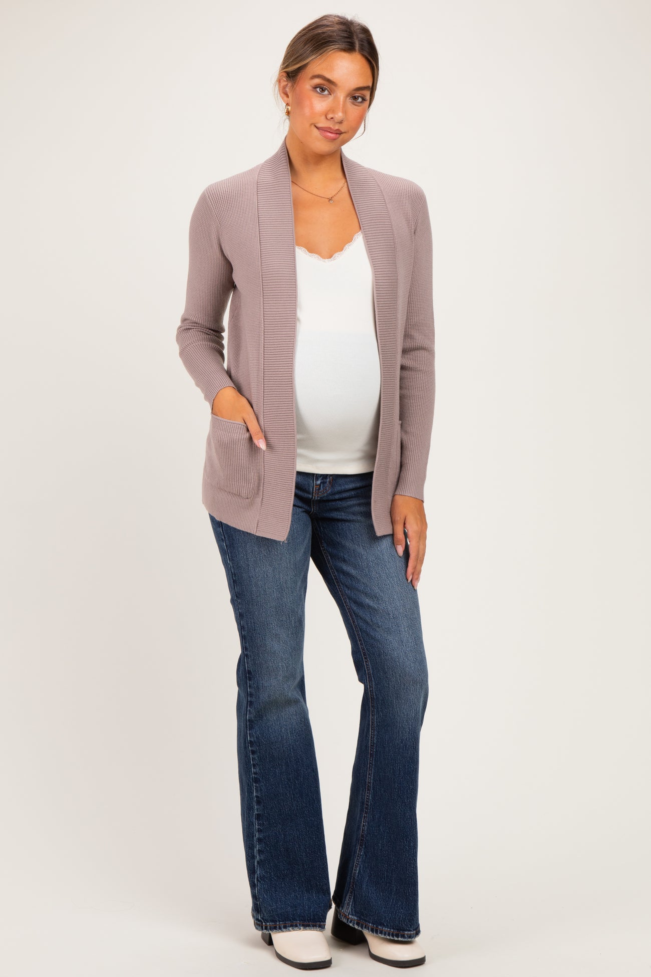 Taupe Mini Waffle Knit Maternity Sweater Cardigan
