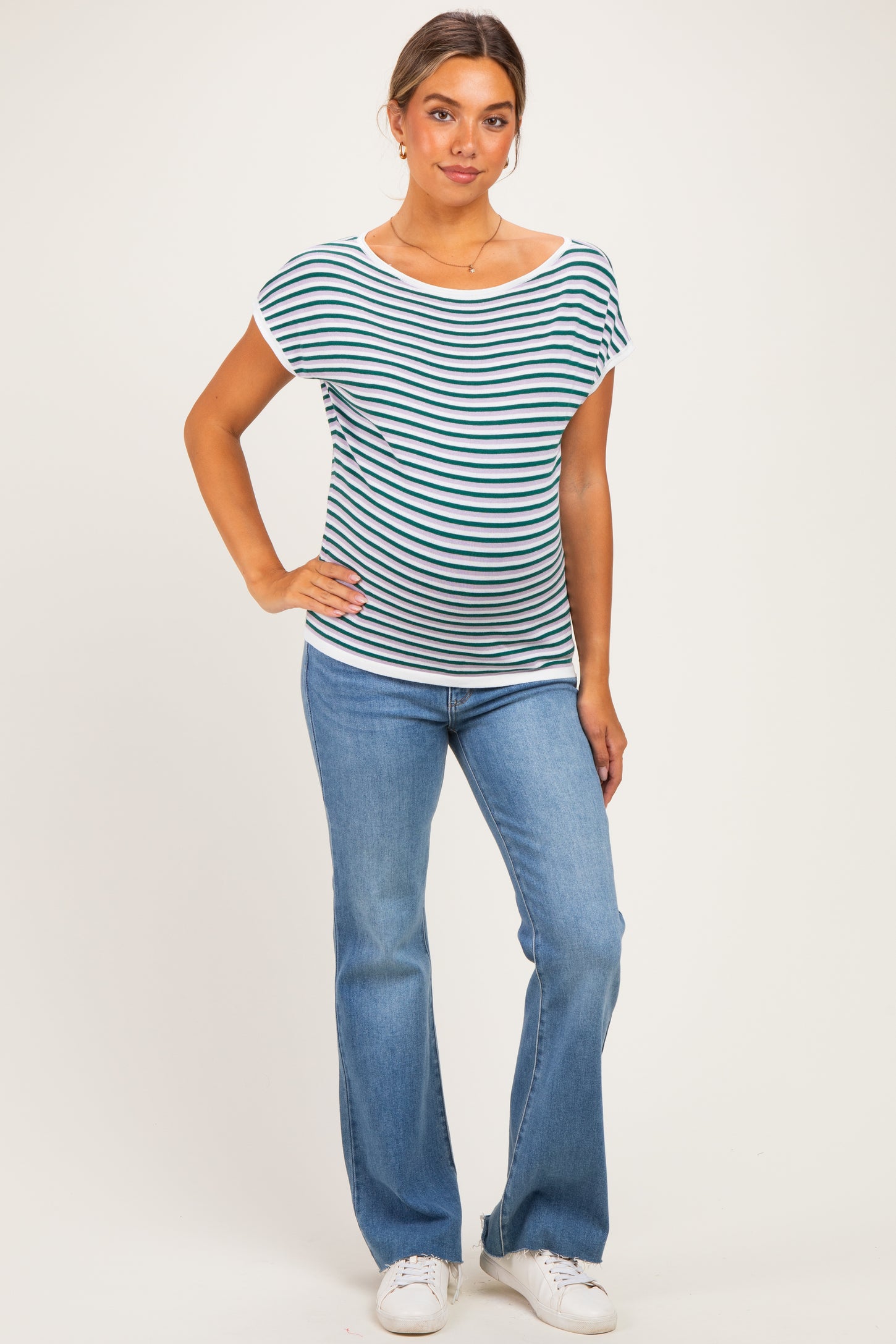 Lavender Striped Short Sleeve Maternity Sweater Top