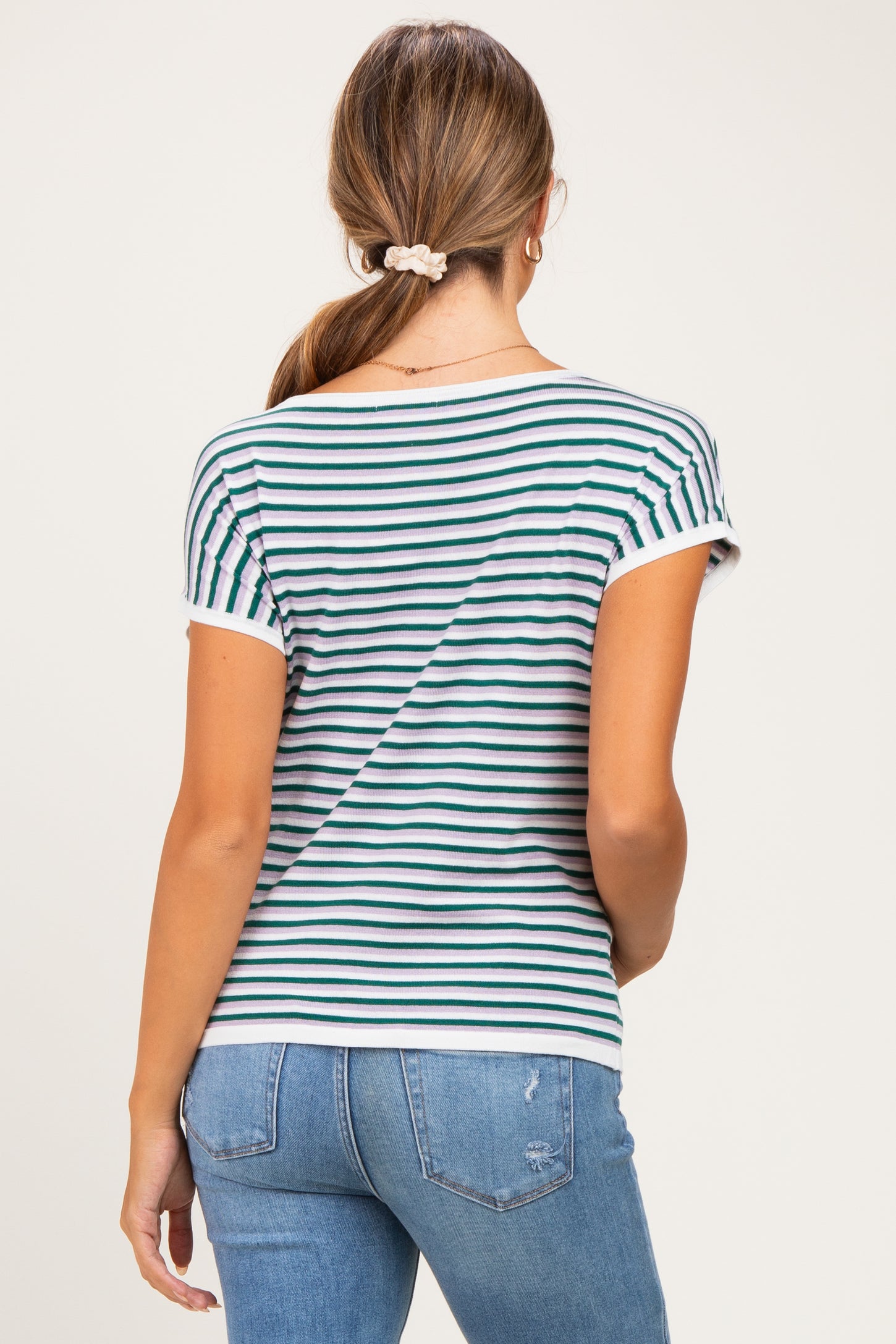 Lavender Striped Short Sleeve Maternity Sweater Top