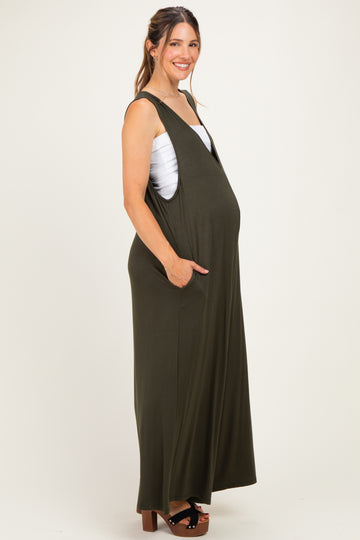 Dark Olive Deep V Sleeveless Wide Leg Maternity Jumpsuit