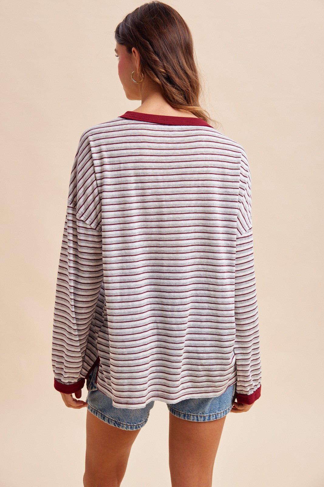 Grey Striped Slub Jersey Oversized Long Sleeve