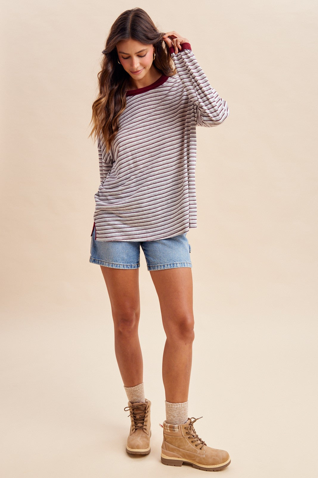 Grey Striped Slub Jersey Oversized Long Sleeve
