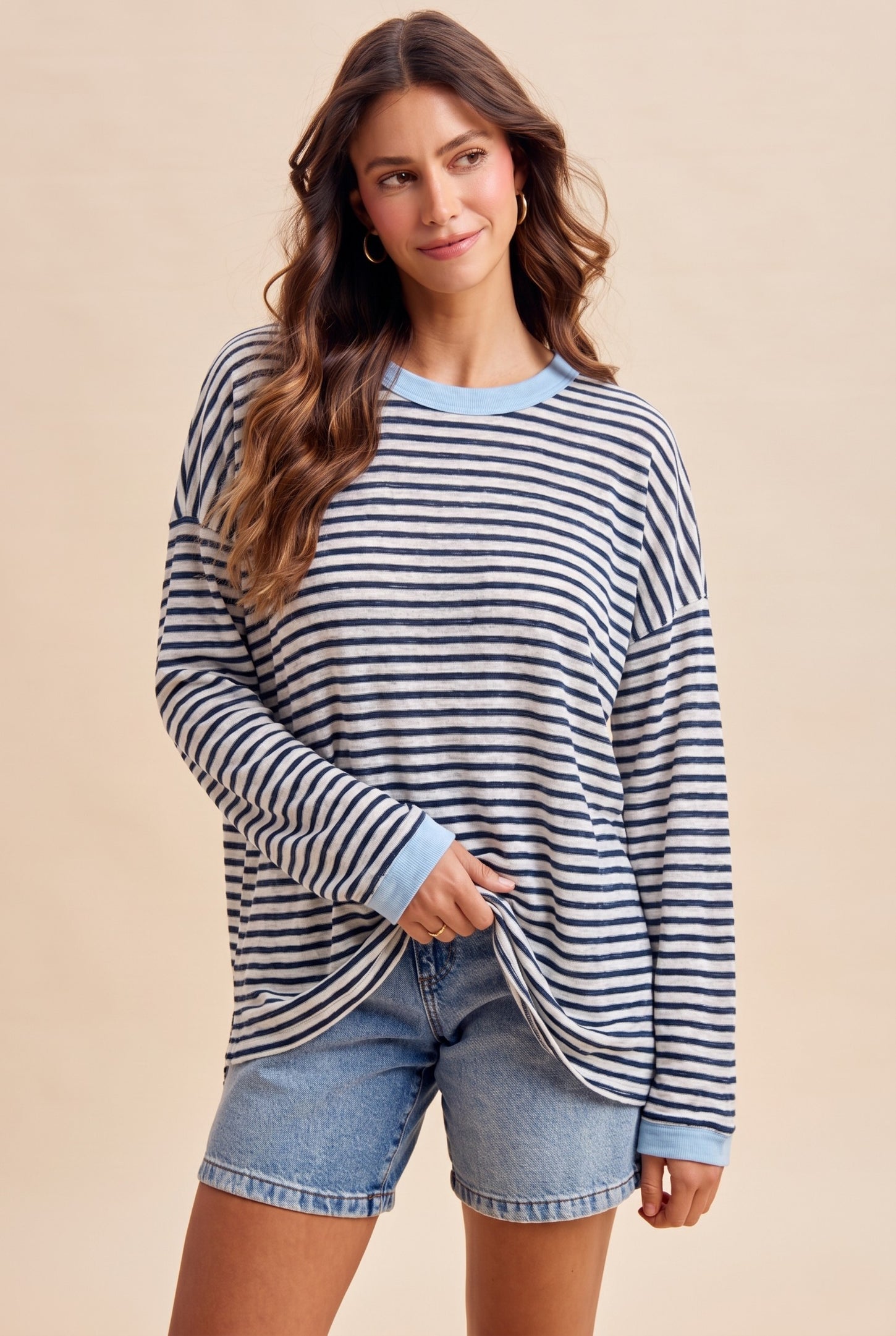 Navy Striped Slub Jersey Oversized Maternity Long Sleeve