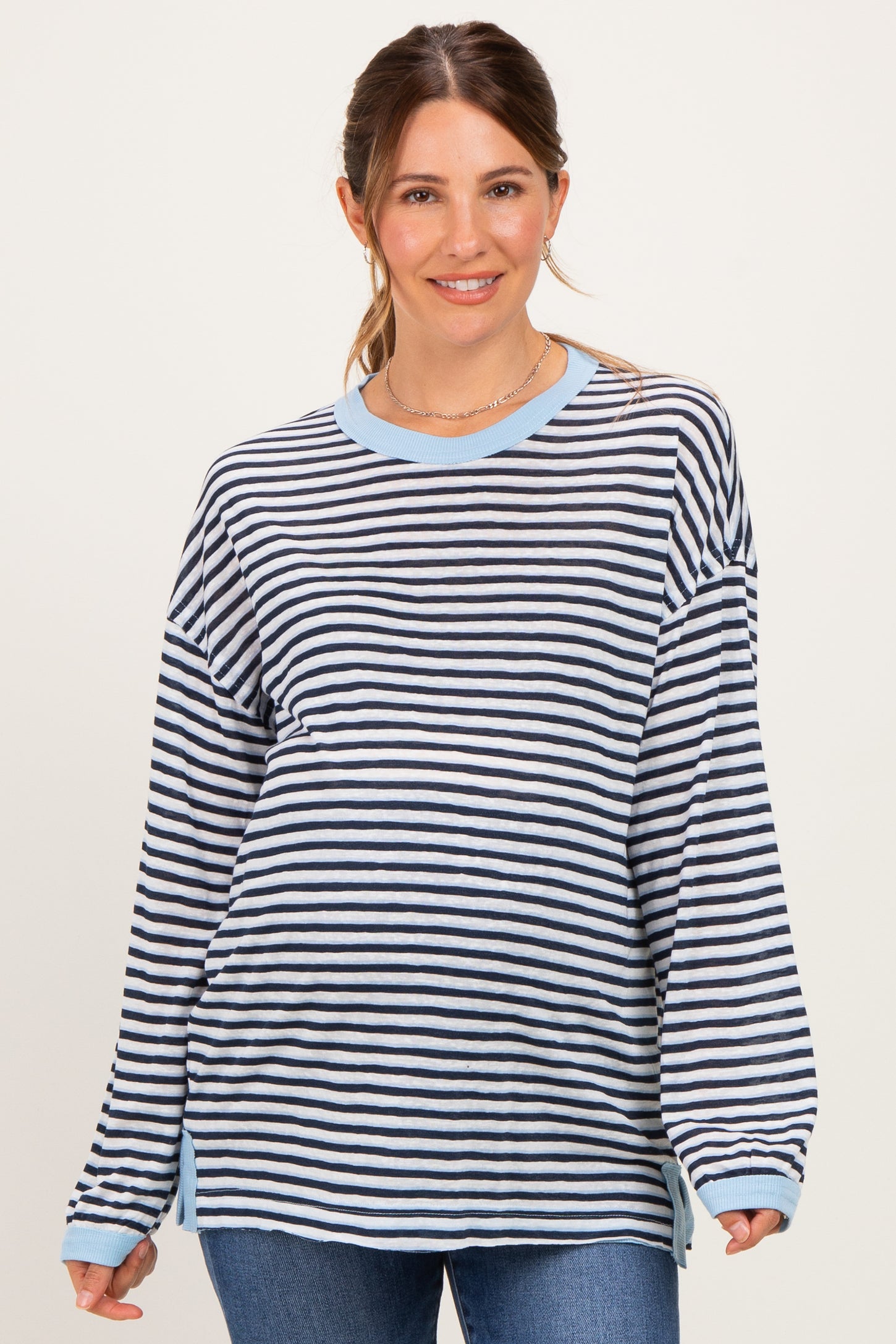 Navy Striped Slub Jersey Oversized Maternity Long Sleeve