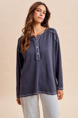 Faded Charcoal Ribbed Jersey Oversized Henley