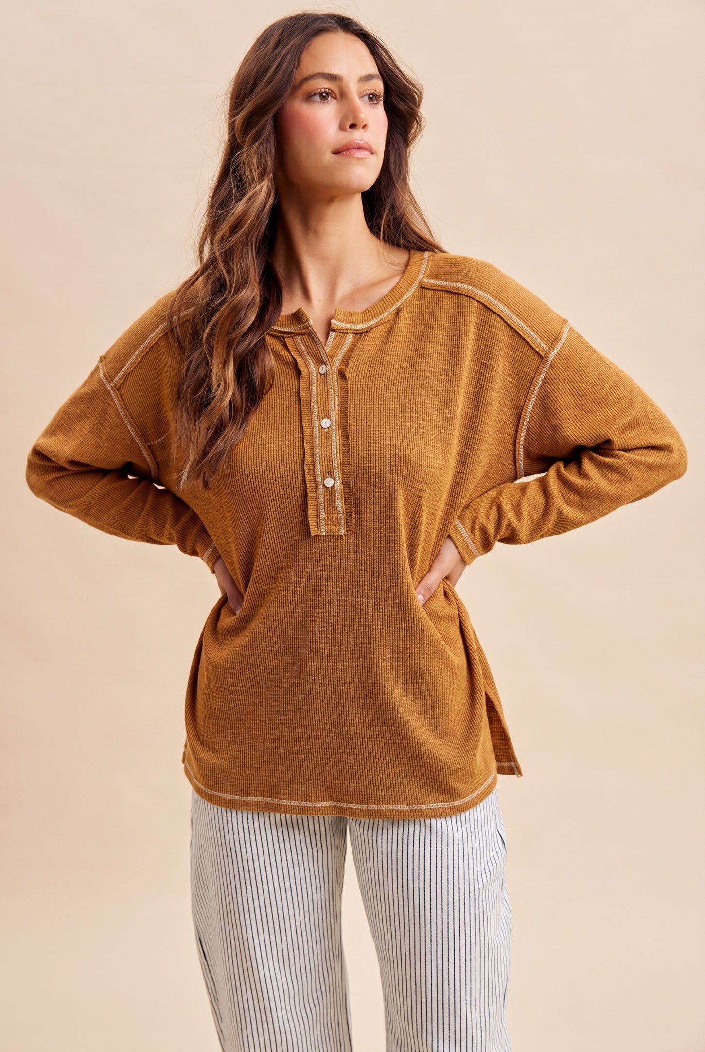 Burnt Camel Ribbed Jersey Oversized Henley