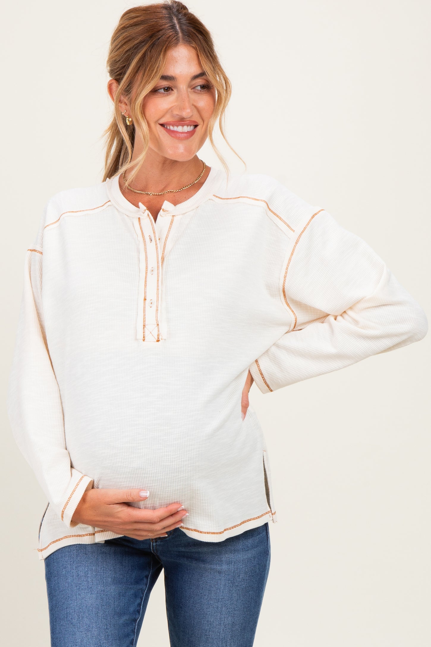 Ivory Ribbed Jersey Oversized Maternity Henley