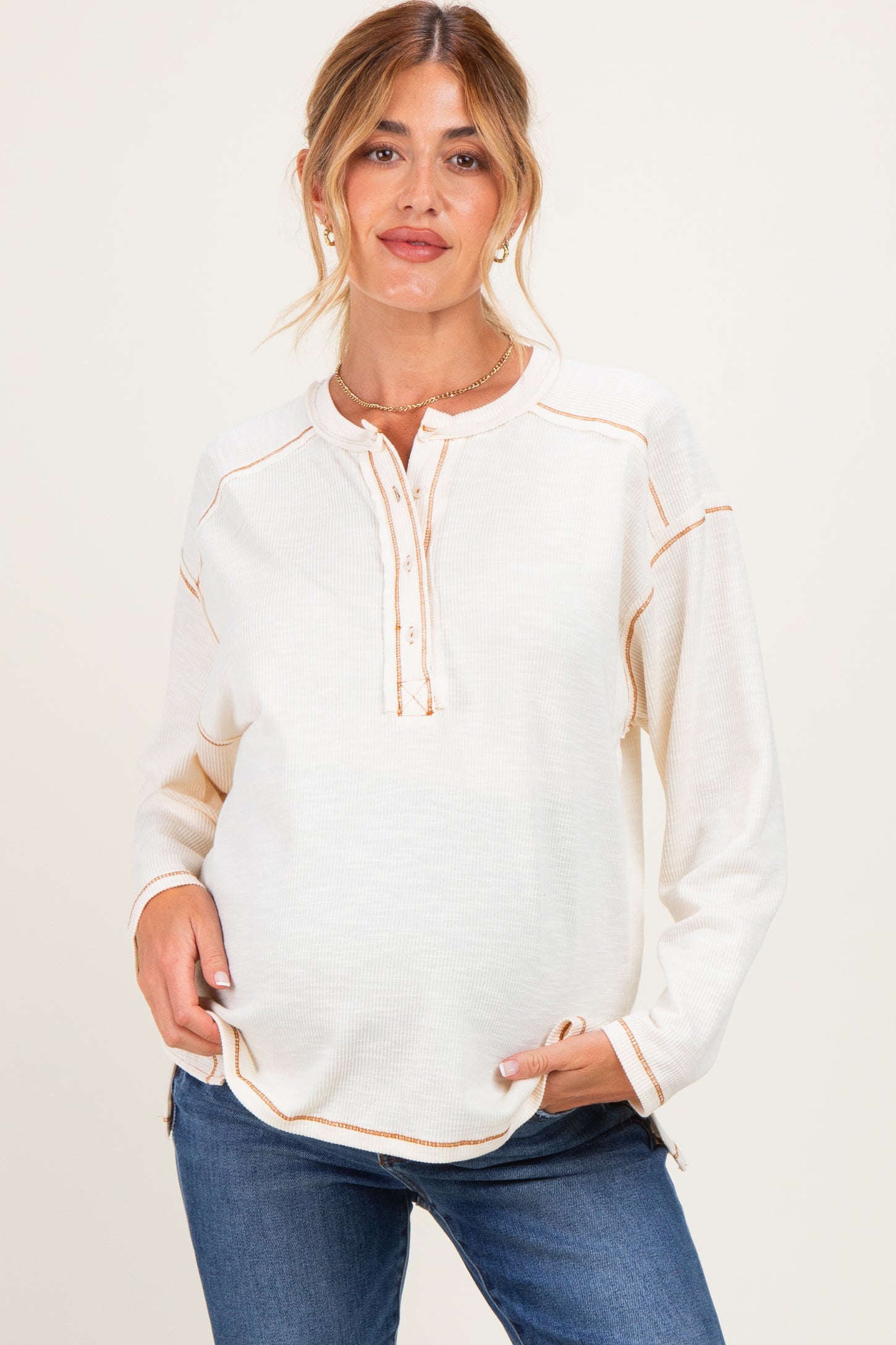 Ivory Ribbed Jersey Oversized Maternity Henley