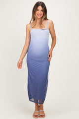 Sea Blue Glitter Mesh Ombre Ruched Maternity Midi Dress