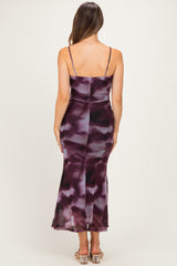 Wine Tie Dye Mesh Side Slit Maternity Maxi Dress