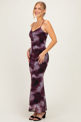 Wine Tie Dye Mesh Side Slit Maxi Dress