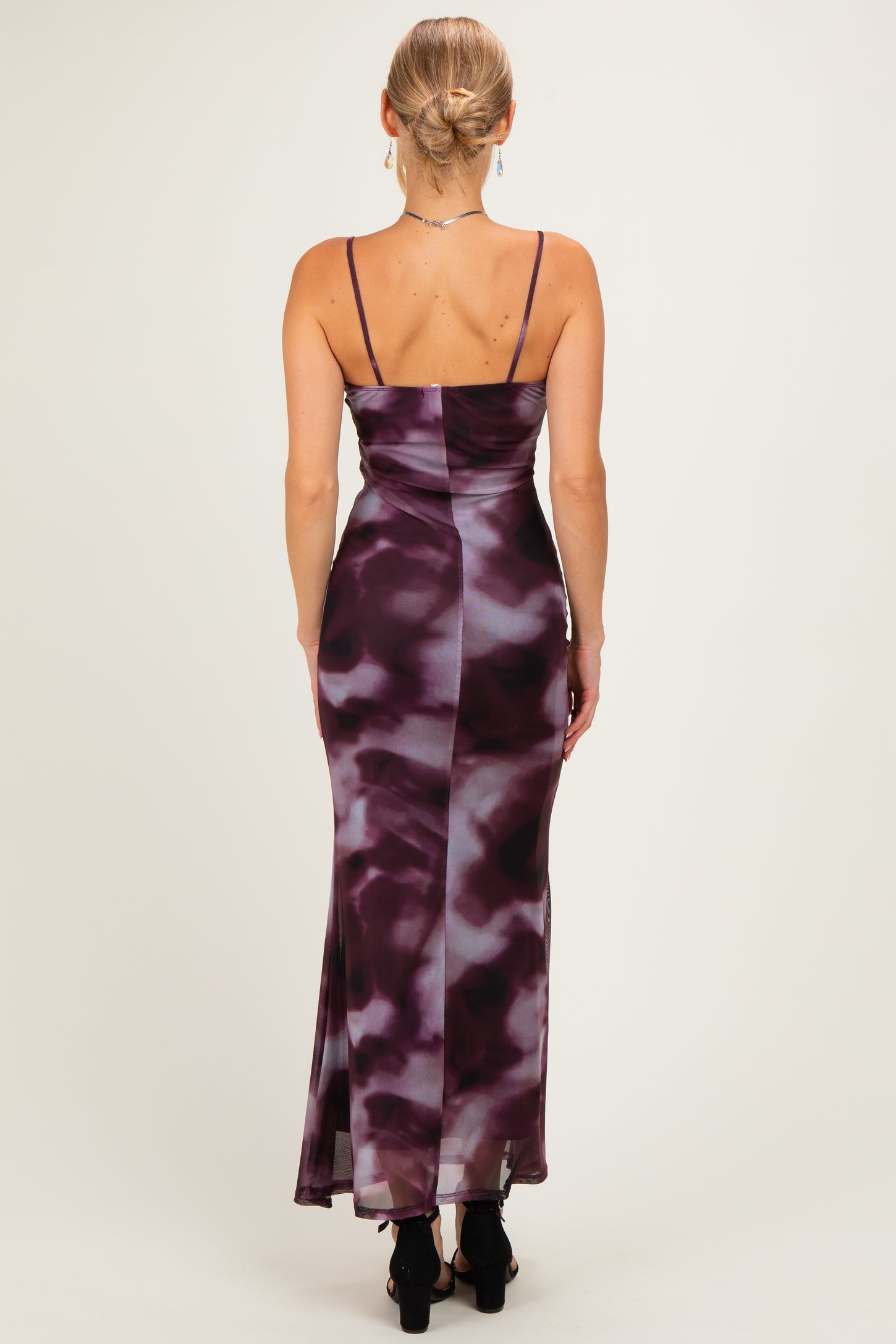 Wine Tie Dye Mesh Side Slit Maxi Dress