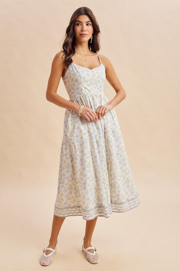 French Blue Floral Embroidered Hem Midi Dress