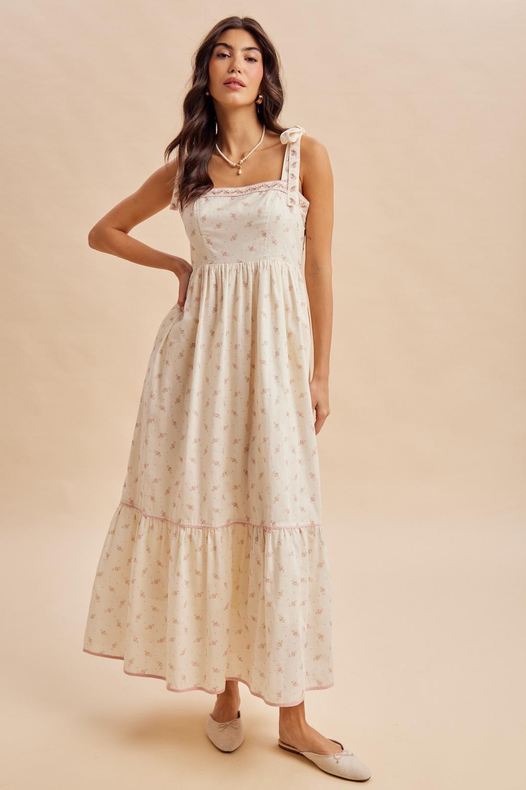 Creme Peony Floral Shoulder Tie Maxi Dress