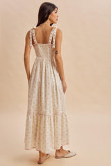 Creme Peony Floral Shoulder Tie Maxi Dress