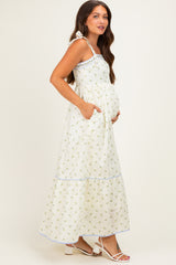 Creme Blue Floral Shoulder Tie Maternity Maxi Dress