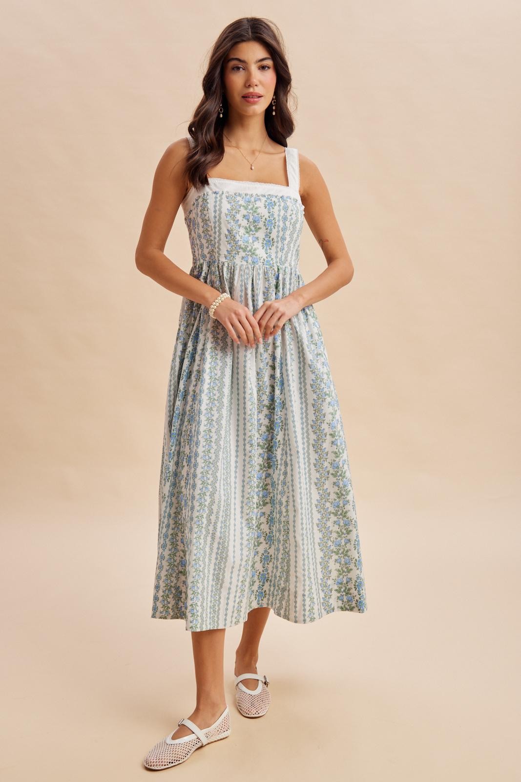 French Blue Column Floral Print Maxi Dress