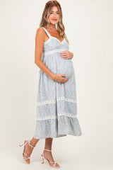 Vintage Blue Lace Floral Tie Back Maternity Midi Dress