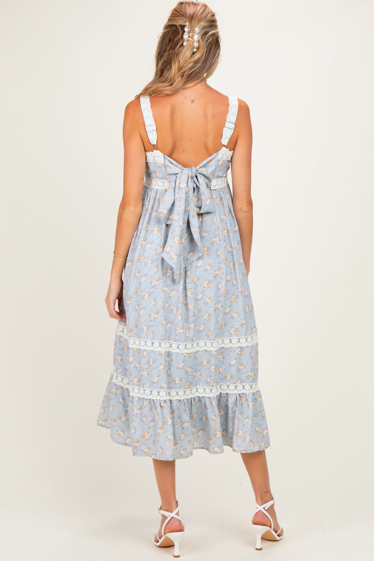 Vintage Blue Lace Floral Tie Back Maternity Midi Dress