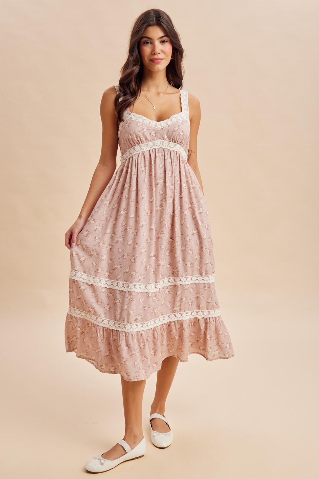 Dusty Pink Lace Floral Tie Back Midi Dress