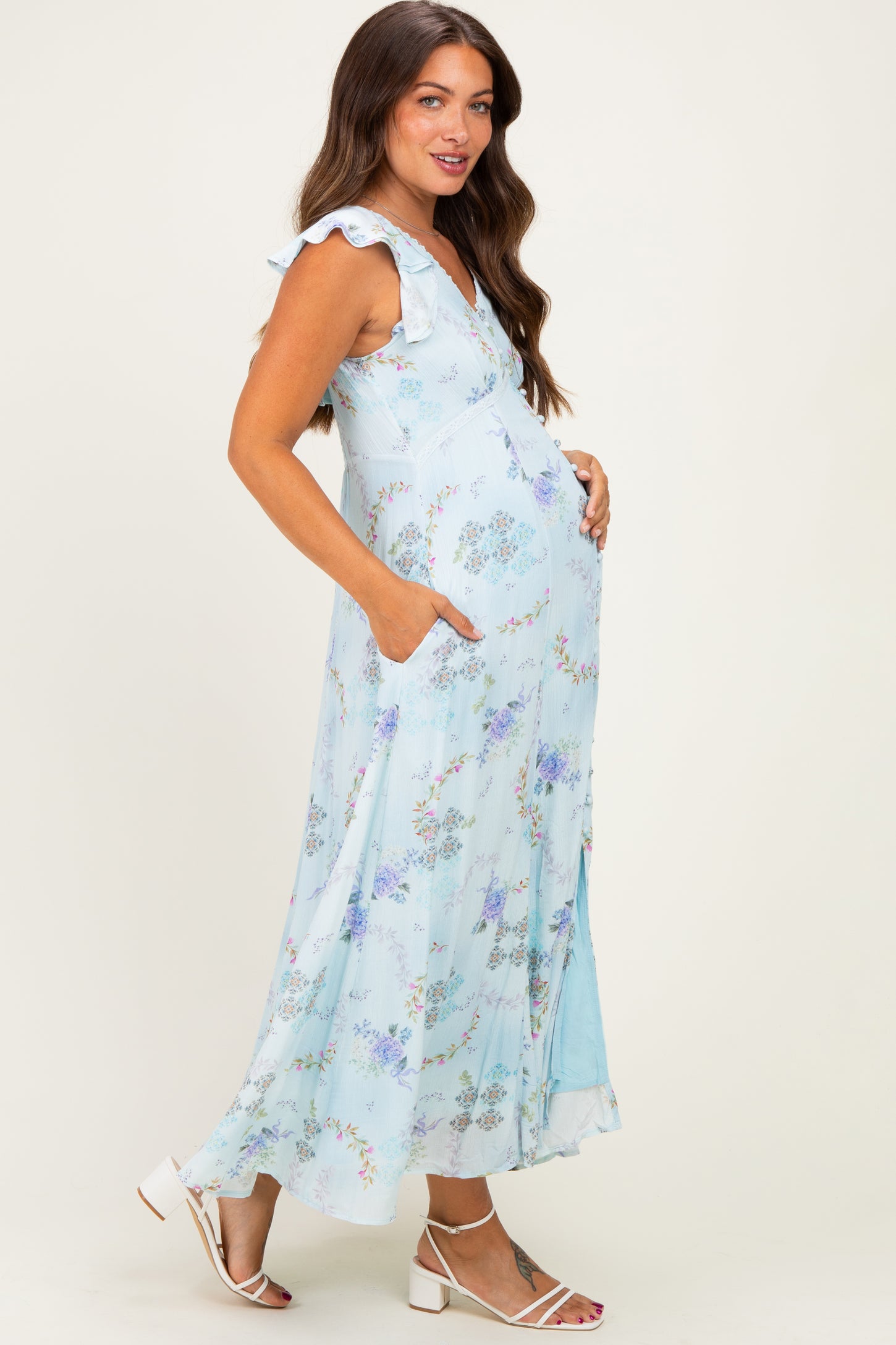 Blue Floral Button Down Maternity Maxi Dress