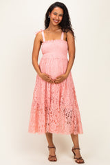 Pink Ribbon Strap Smocked Lace Maternity Midi Dress