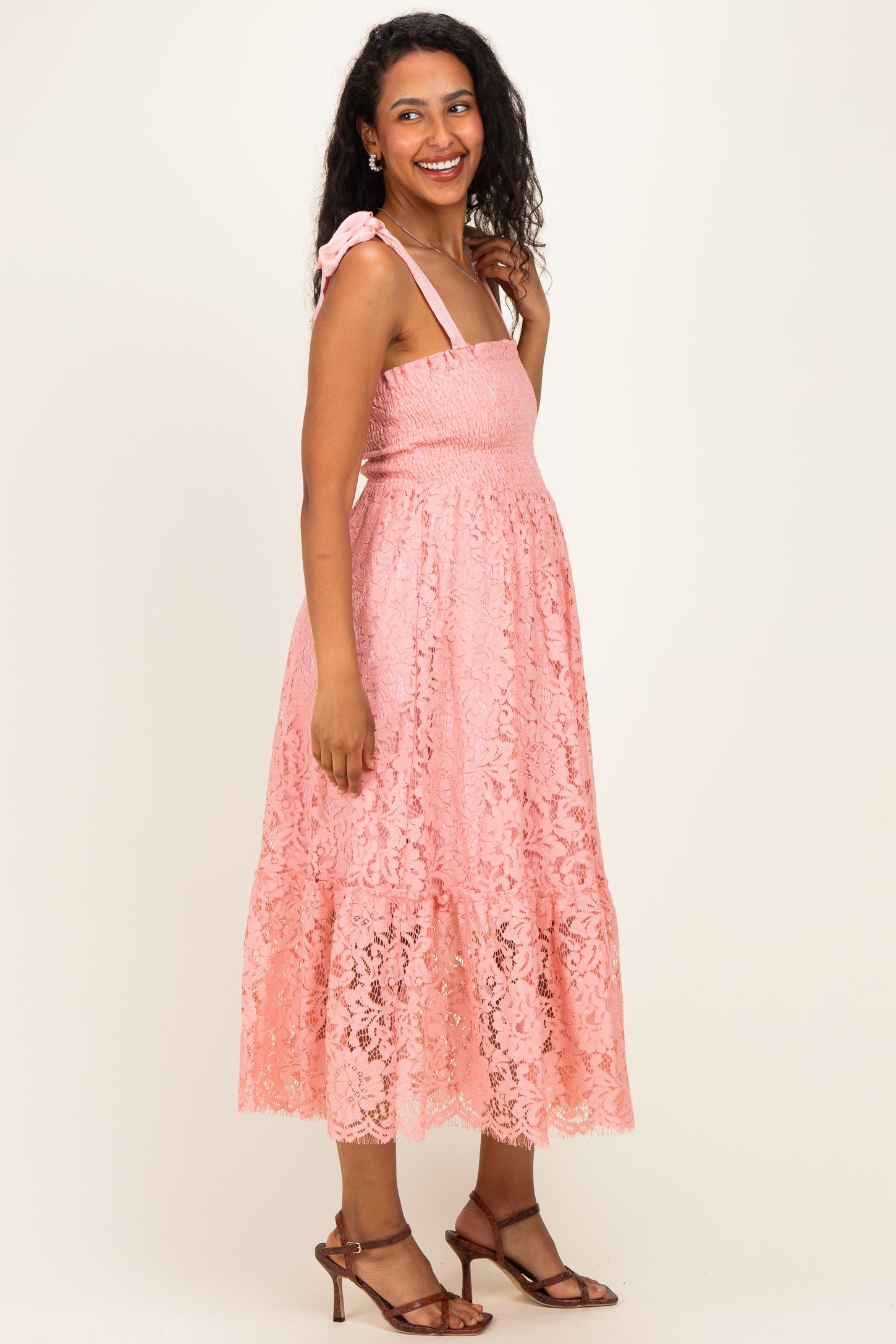 Pink Ribbon Strap Smocked Lace Maternity Midi Dress