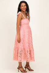 Pink Ribbon Strap Smocked Lace Maternity Midi Dress