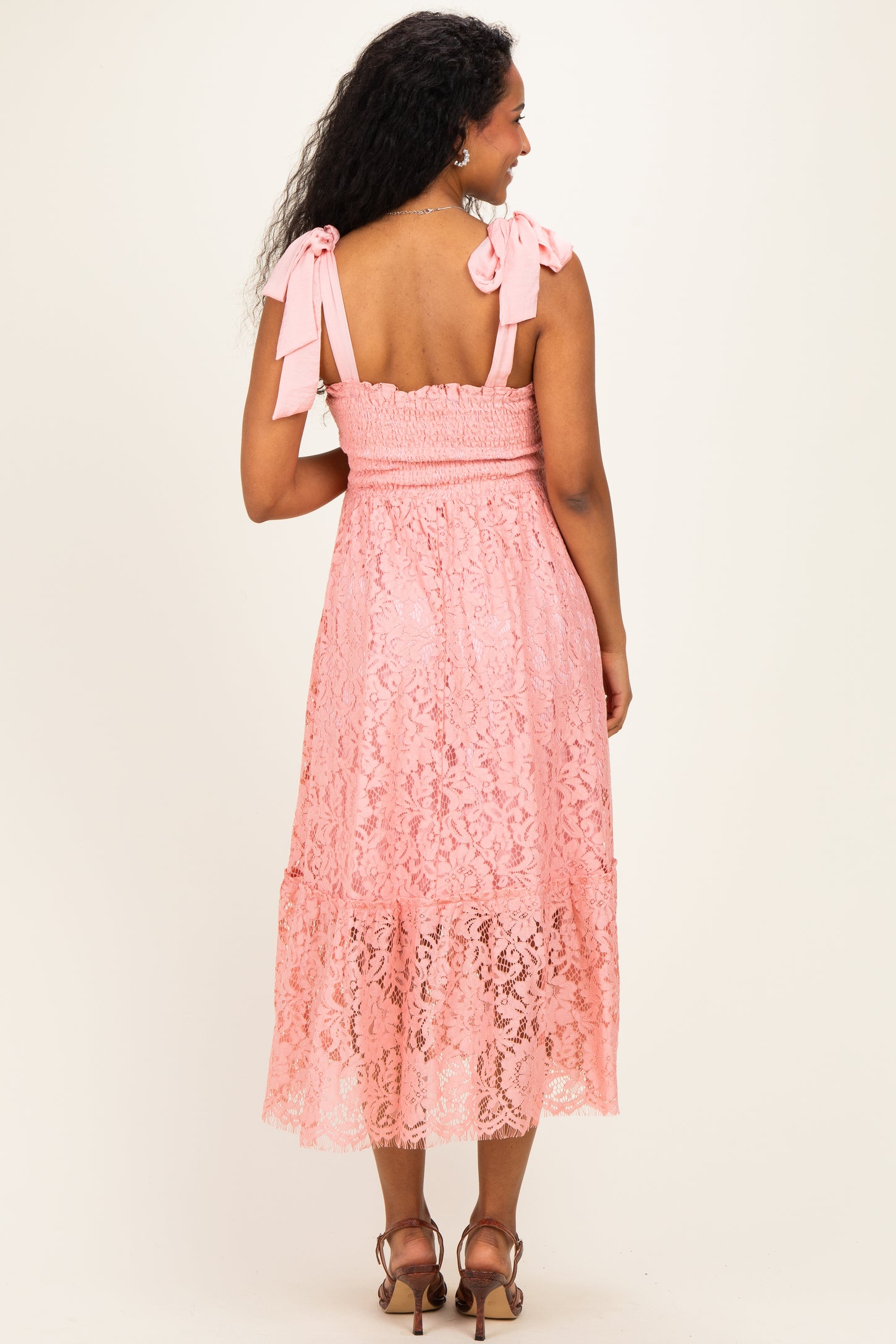 Pink Ribbon Strap Smocked Lace Maternity Midi Dress