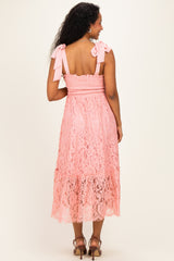 Pink Ribbon Strap Smocked Lace Maternity Midi Dress