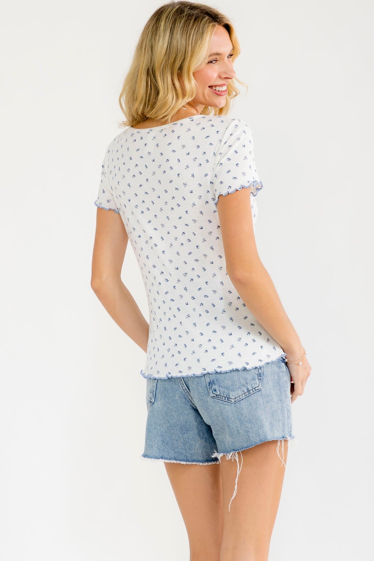 Ivory Blue Ditsy Floral Lettuce Edge Henley Top