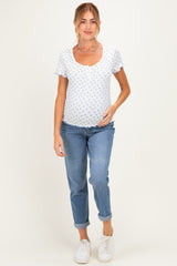 Ivory Blue Ditsy Floral Lettuce Edge Maternity Henley Top