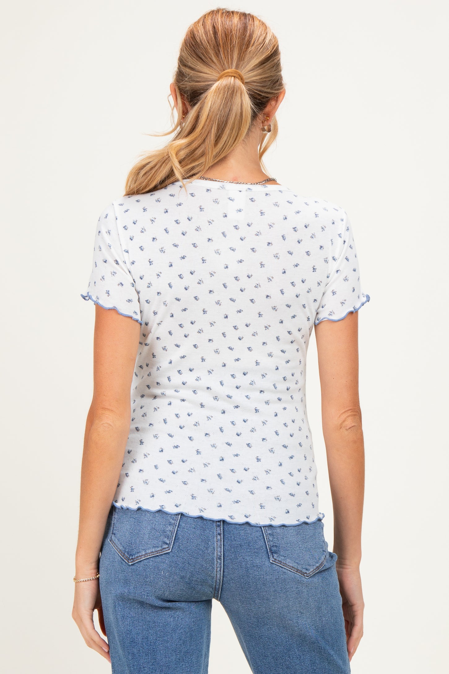 Ivory Blue Ditsy Floral Lettuce Edge Maternity Henley Top