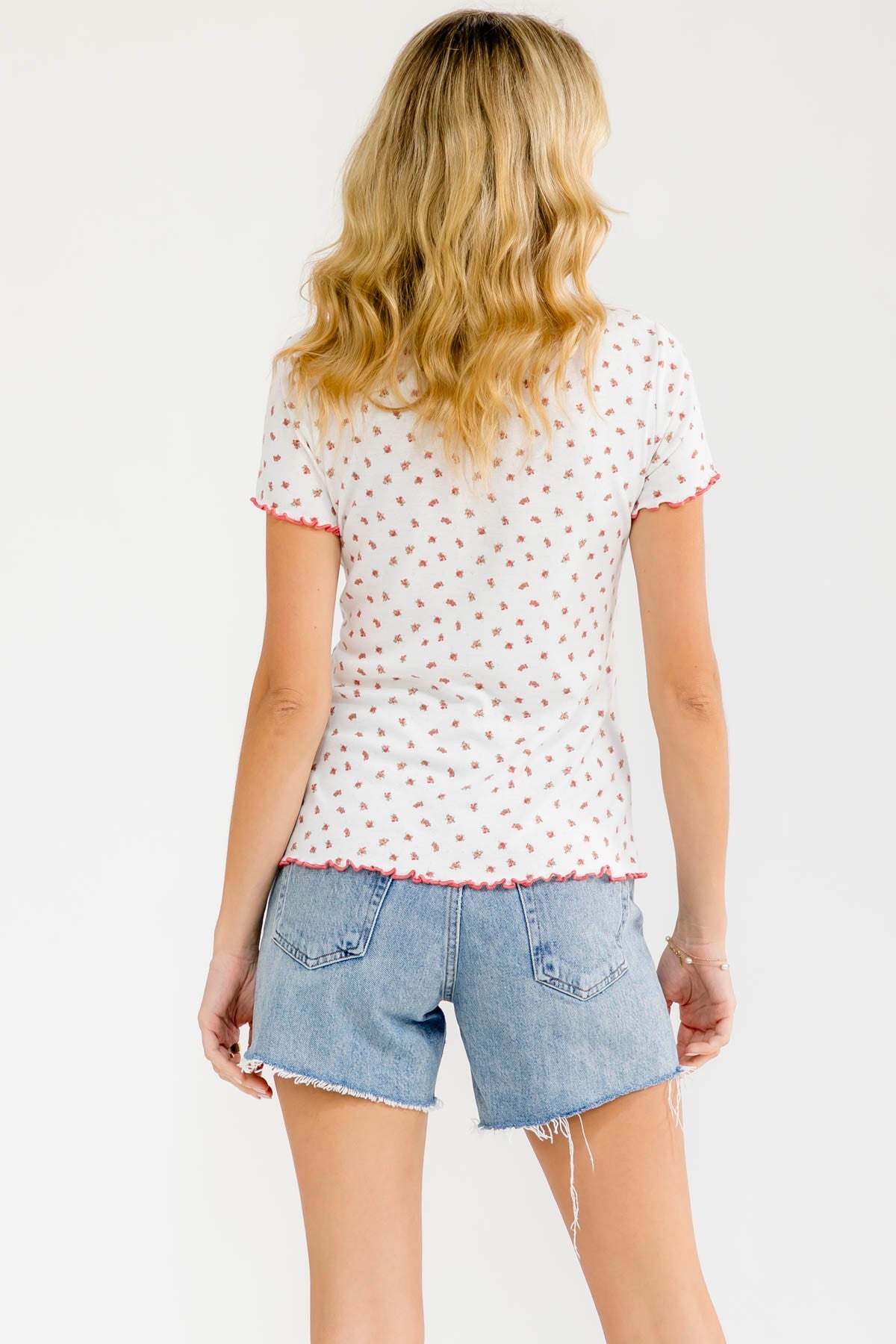Ivory Red Ditsy Floral Lettuce Edge Henley Top