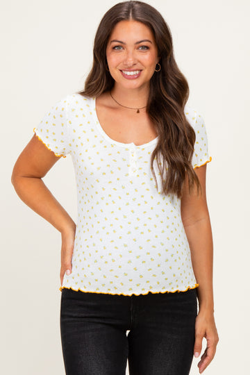 Ivory Mustard Ditsy Floral Lettuce Edge Maternity Henley Top