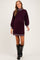 woman wearing a dark burgundy maternity sweater dress with striped collar and cuffs, showcasing her baby bump