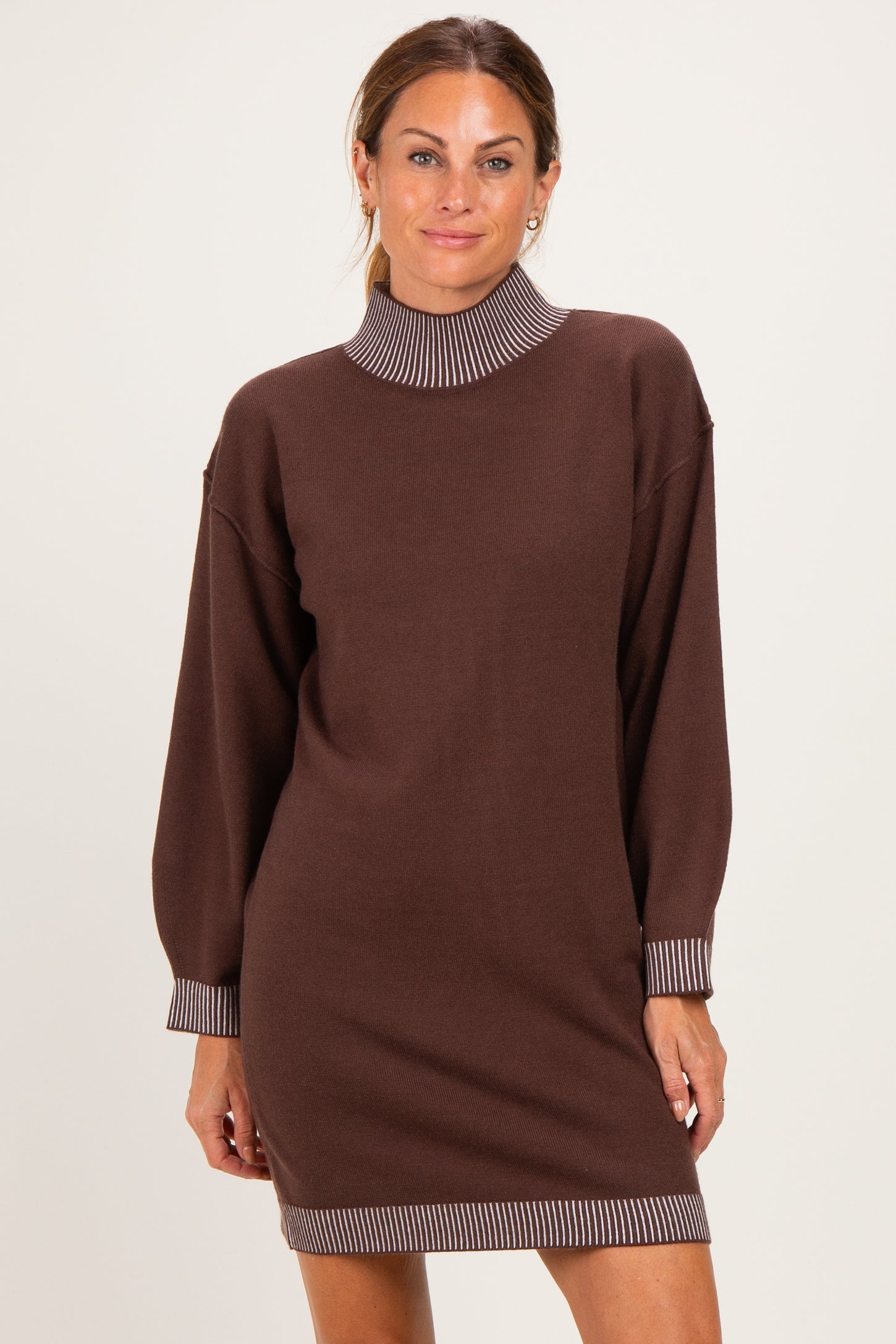 Brown Contrast Mock Neck Sweater Dress