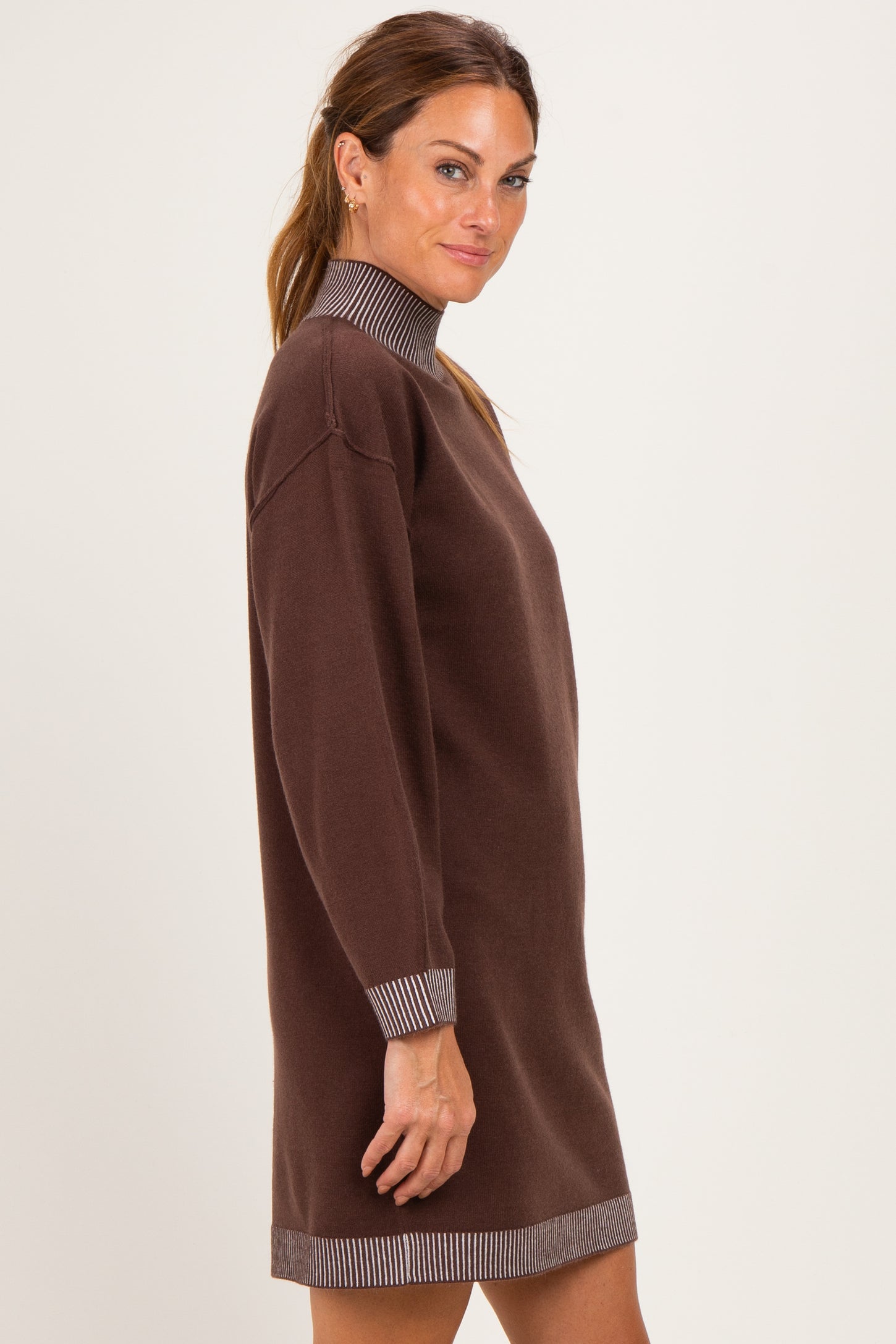 Brown Contrast Mock Neck Sweater Dress