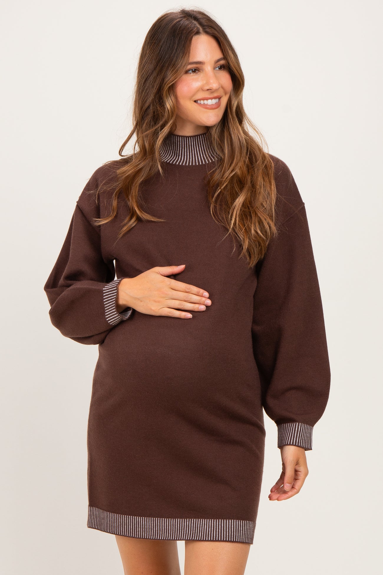 Brown Contrast Mock Neck Maternity Sweater Dress