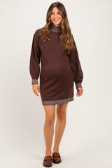 Brown Contrast Mock Neck Maternity Sweater Dress
