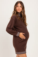 Brown Contrast Mock Neck Maternity Sweater Dress