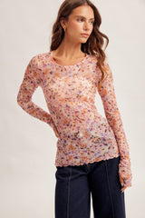 Magenta Pink Floral Printed Mesh Long Sleeve Maternity Top