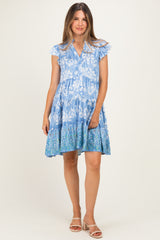 Denim Blue V Neck Flutter Sleeve Border Print Mini Tiered Maternity Dress
