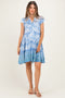 Denim Blue V Neck Flutter Sleeve Border Print Mini Tiered Maternity Dress