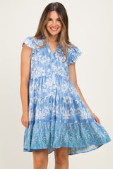 Denim Blue V Neck Flutter Sleeve Border Print Mini Tiered Maternity Dress