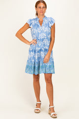 Denim Blue V Neck Flutter Sleeve Border Print Mini Tiered Dress