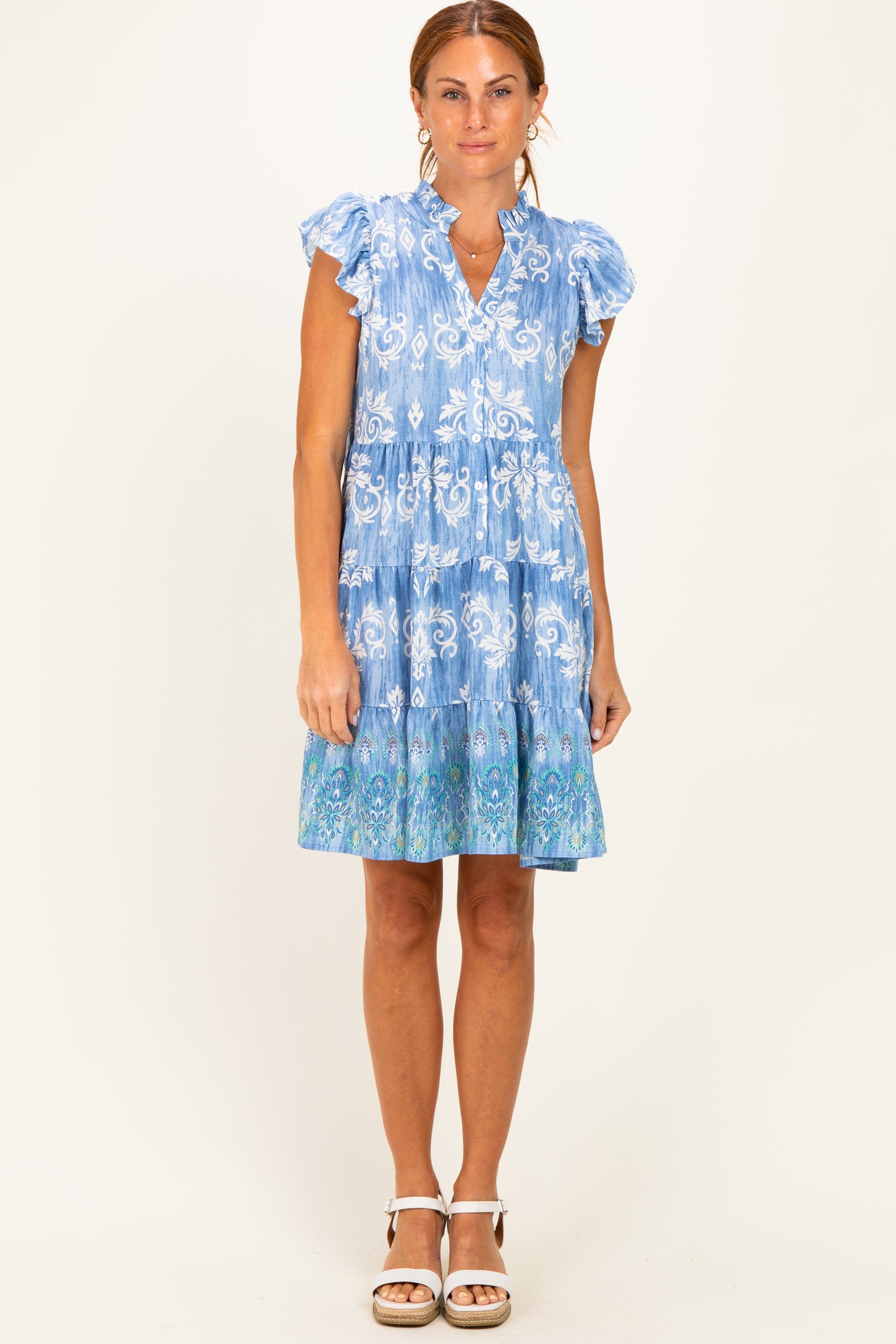 Denim Blue V Neck Flutter Sleeve Border Print Mini Tiered Dress