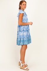 Denim Blue V Neck Flutter Sleeve Border Print Mini Tiered Dress