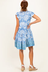 Denim Blue V Neck Flutter Sleeve Border Print Mini Tiered Dress